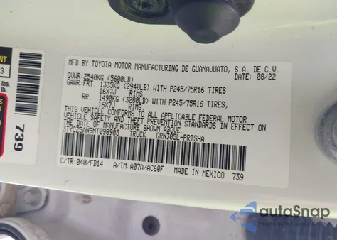 2022 Toyota Tacoma Sr V6 из США, поврежденный, VIN 3TYCZ5AN9NT098903